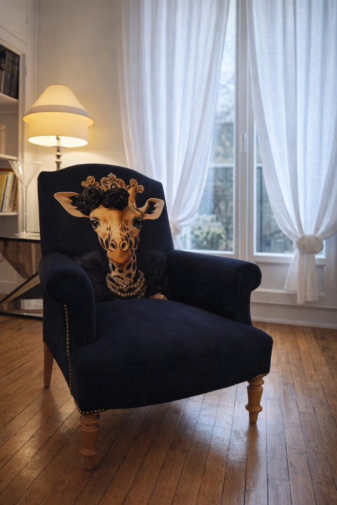 fauteuil anglais restauré moderne girafe tapissier Nantes